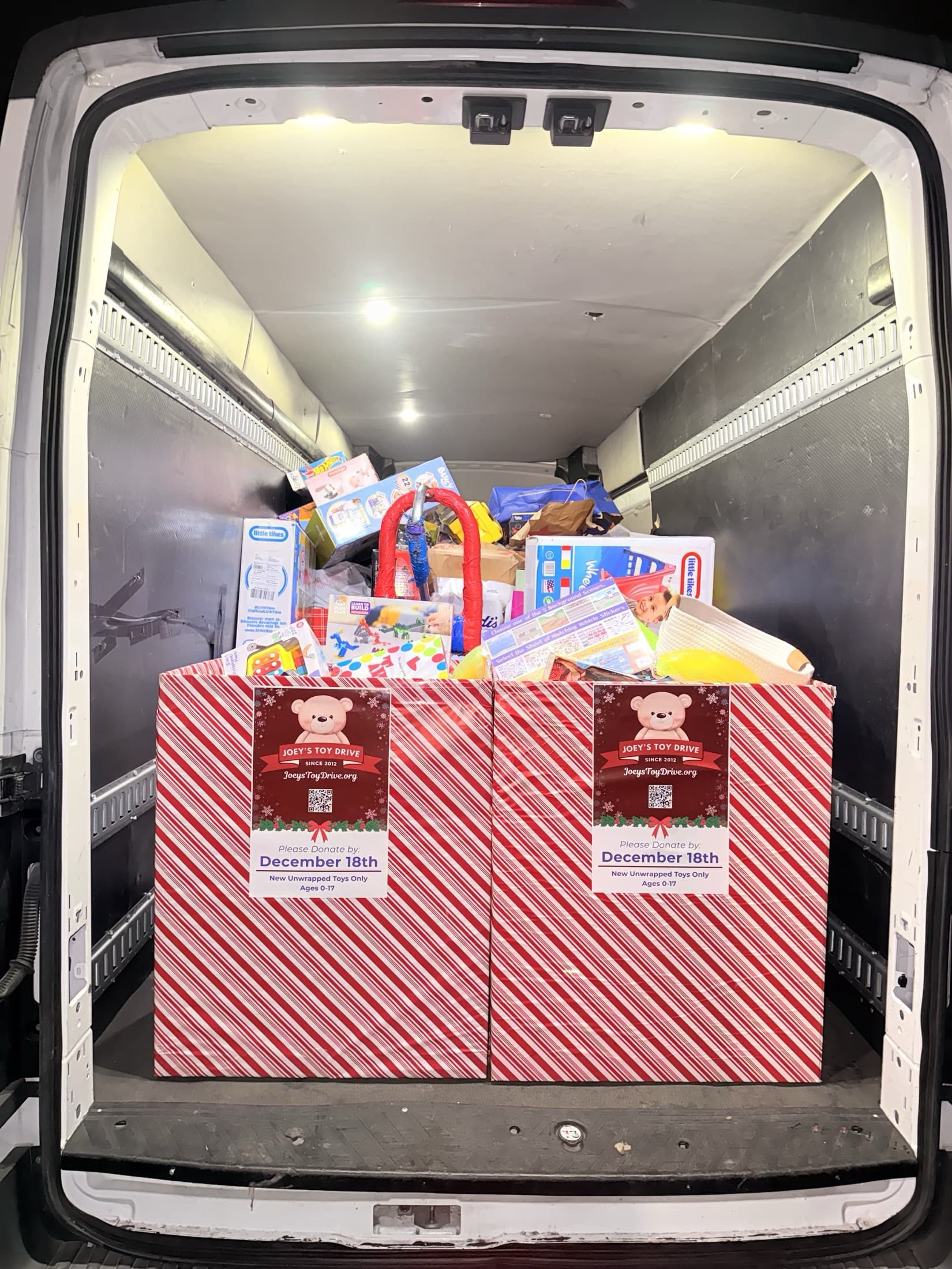 The open rear doors of a cargo van packed with two overflowing collection boxes